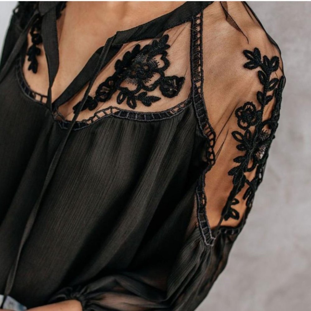 New Black Sheer Lace Boho Boutique Top M, L, XL, 2XL, 3XL - Picture 2 of 4